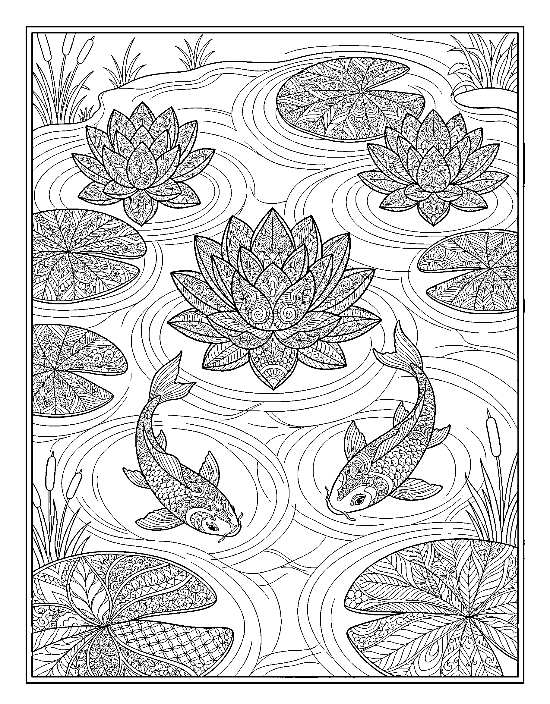 Koi pond with lotus flowers and lily pads coloring page for adults