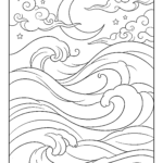Crescent moon over ocean waves mindfulness coloring page