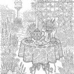 Garden tea party with roses and teapot coloring page for adults