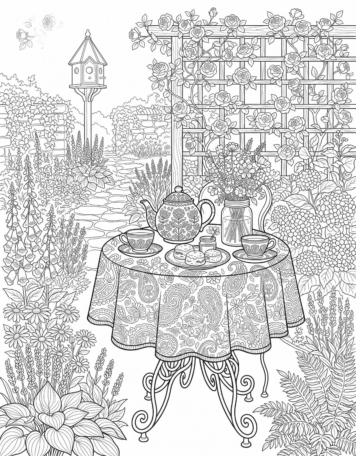 Garden tea party with roses and teapot coloring page for adults