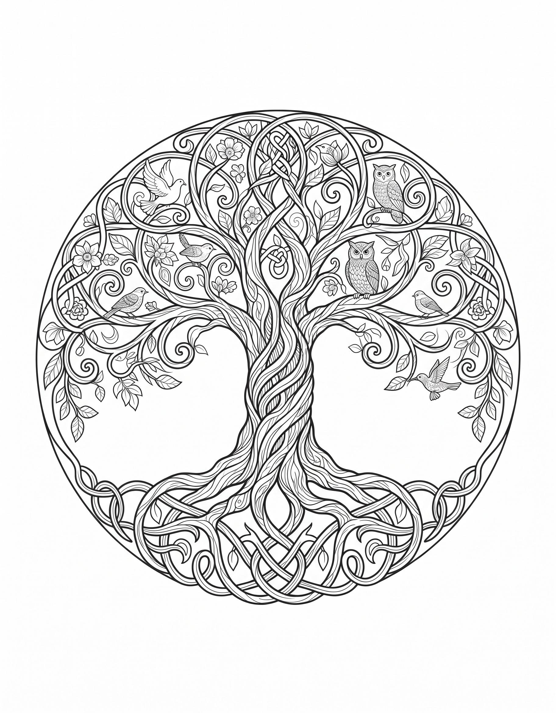 Tree of life with owls and birds coloring page