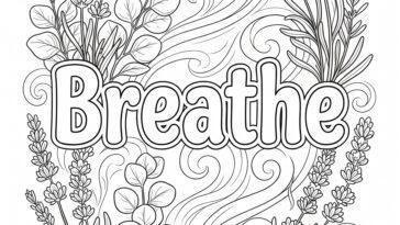 Breathe affirmation coloring page with lavender and eucalyptus