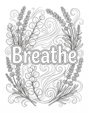 Breathe affirmation coloring page with lavender and eucalyptus