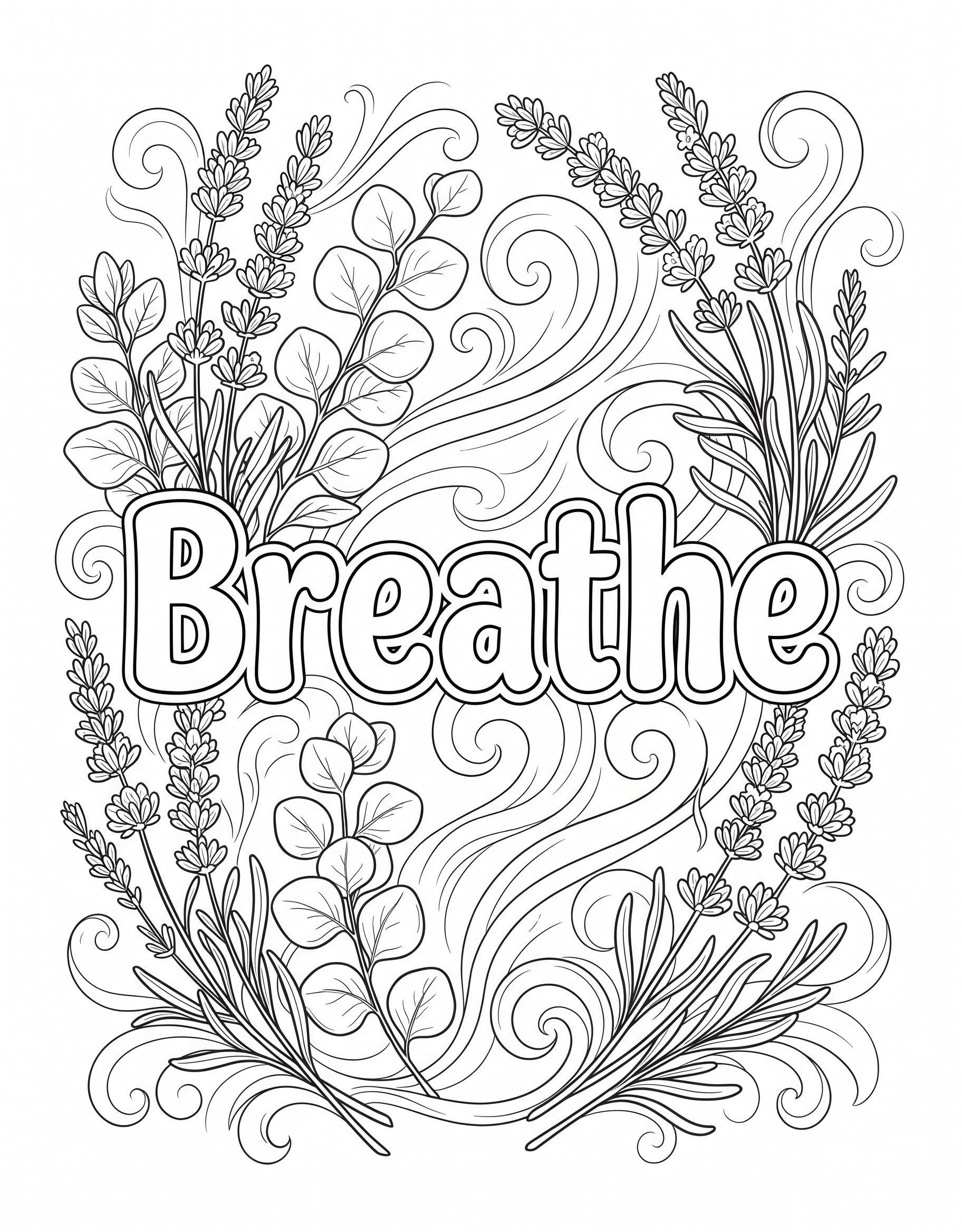 Breathe affirmation coloring page with lavender and eucalyptus