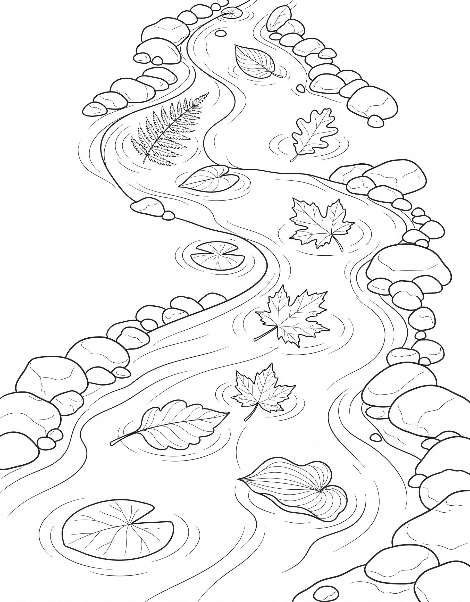 Leaves floating on a quiet stream coloring page