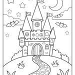 Wizard castle at night with bats, stars and crescent moon coloring page