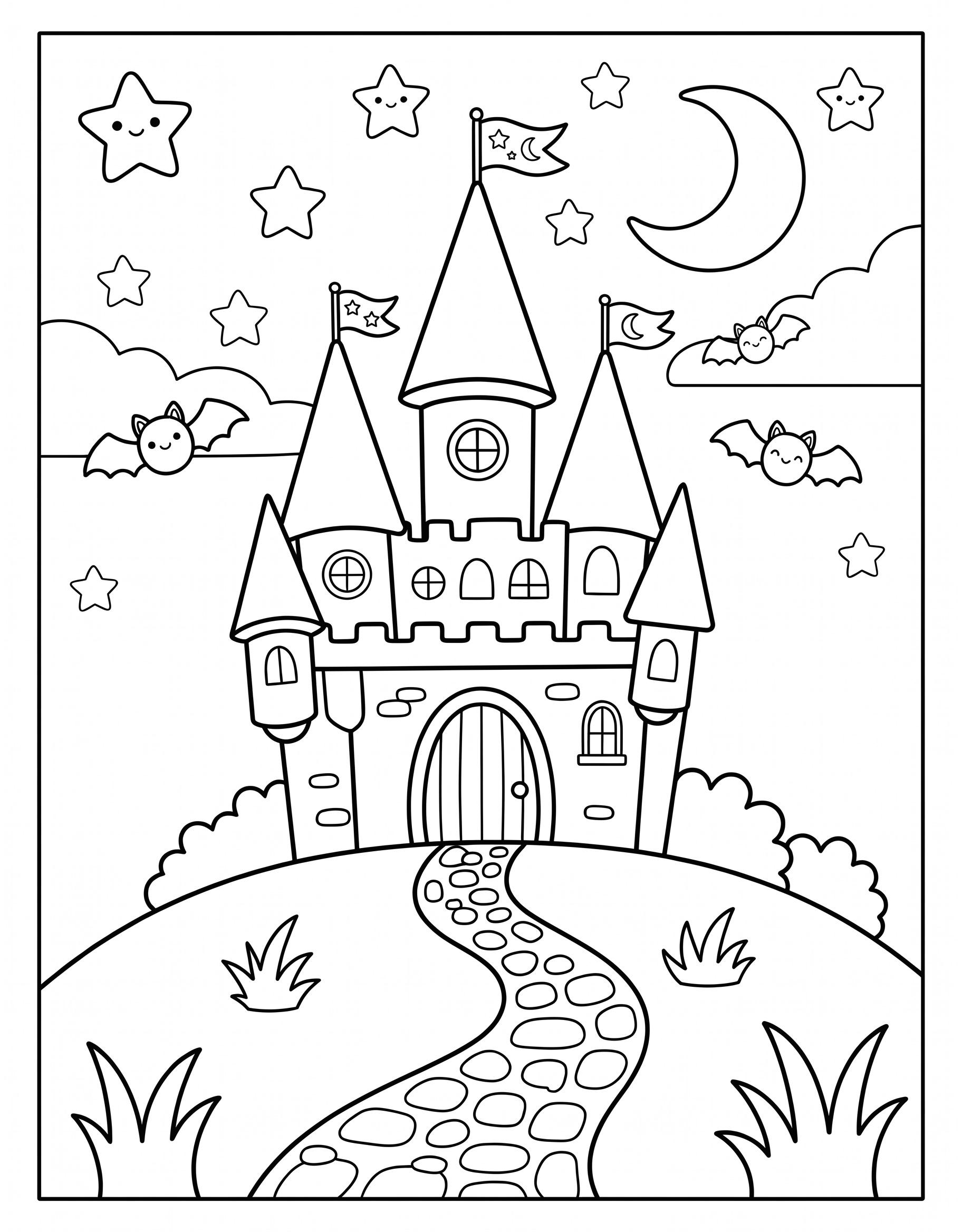 Wizard castle at night with bats, stars and crescent moon coloring page