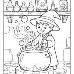 Young wizard stirring a bubbling cauldron coloring page