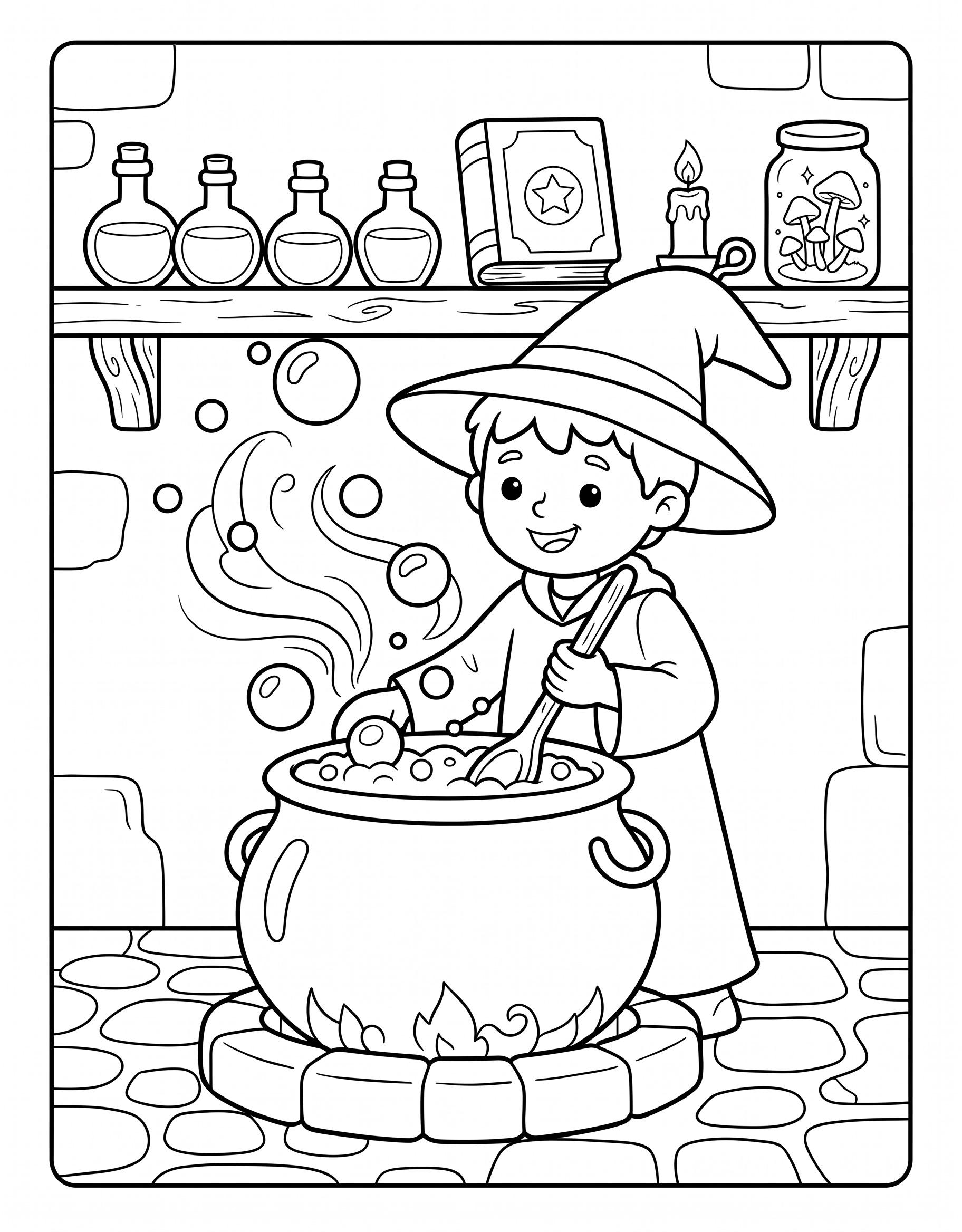 Young wizard stirring a bubbling cauldron coloring page