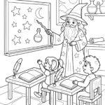 Wizard teacher at a chalkboard with two students coloring page