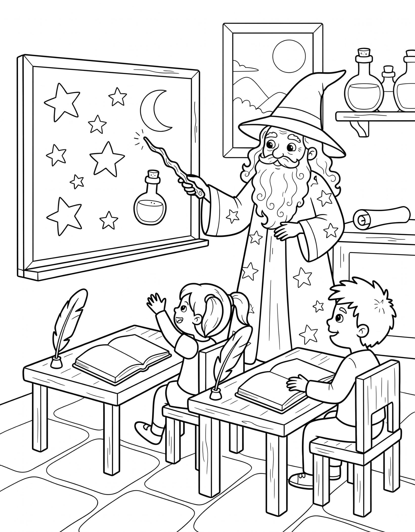 Wizard teacher at a chalkboard with two students coloring page