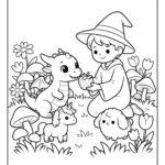 Young wizard feeding a baby dragon with a tiny unicorn and puppy coloring page