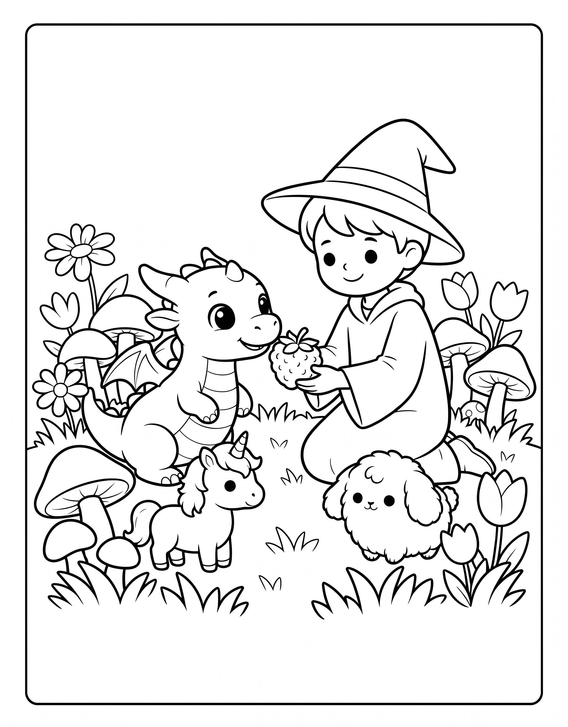 Young wizard feeding a baby dragon with a tiny unicorn and puppy coloring page