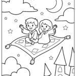 Two kids riding a flying carpet over a castle coloring page