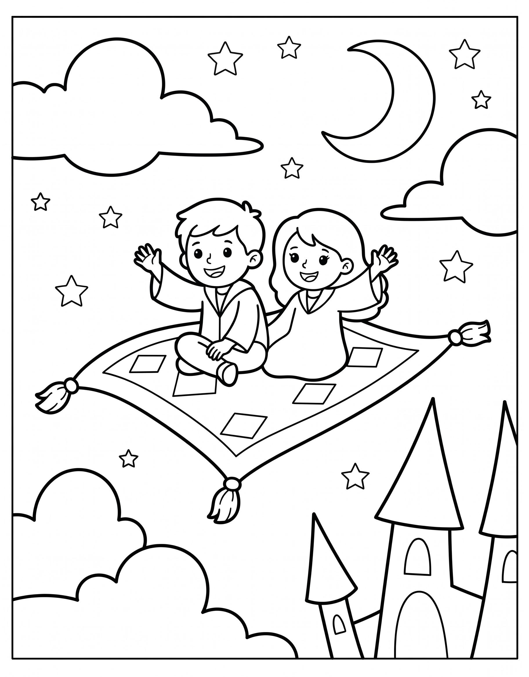Two kids riding a flying carpet over a castle coloring page