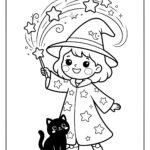 Young witch in a starry robe with a star wand and black cat coloring page