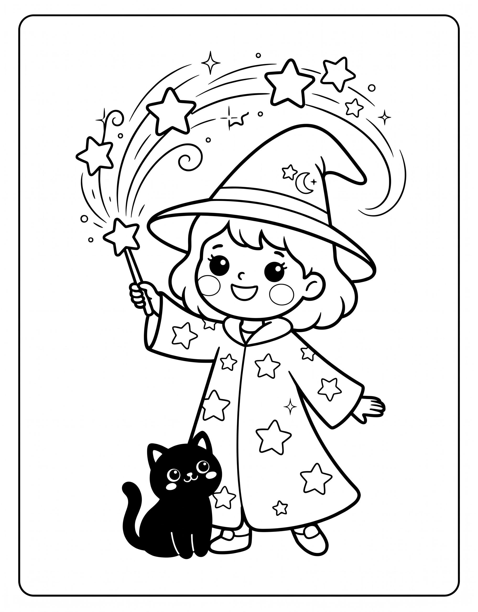 Young witch in a starry robe with a star wand and black cat coloring page