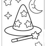 Wizard hat with stars, smiling crescent moon and star wand coloring page