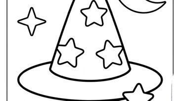 Wizard hat with stars, smiling crescent moon and star wand coloring page