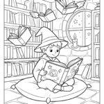 Young wizard reading a spell book in a library with flying books coloring page