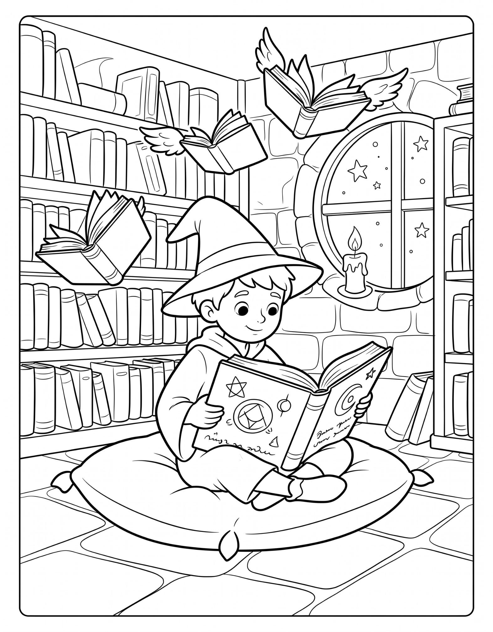 Young wizard reading a spell book in a library with flying books coloring page