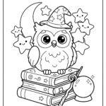 Cute owl in a wizard hat sitting on spell books coloring page