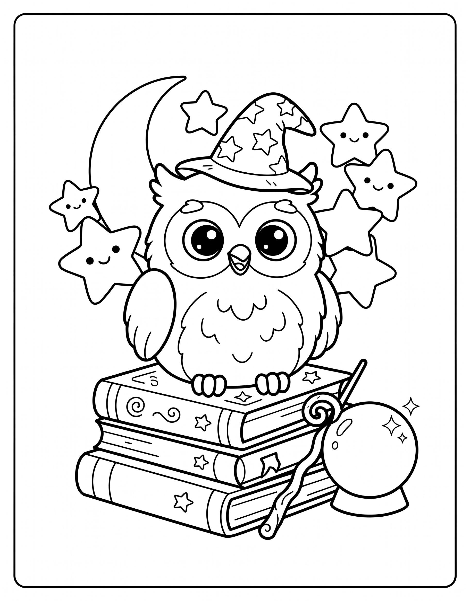 Cute owl in a wizard hat sitting on spell books coloring page