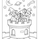 Two young wizards with a telescope on a castle tower coloring page