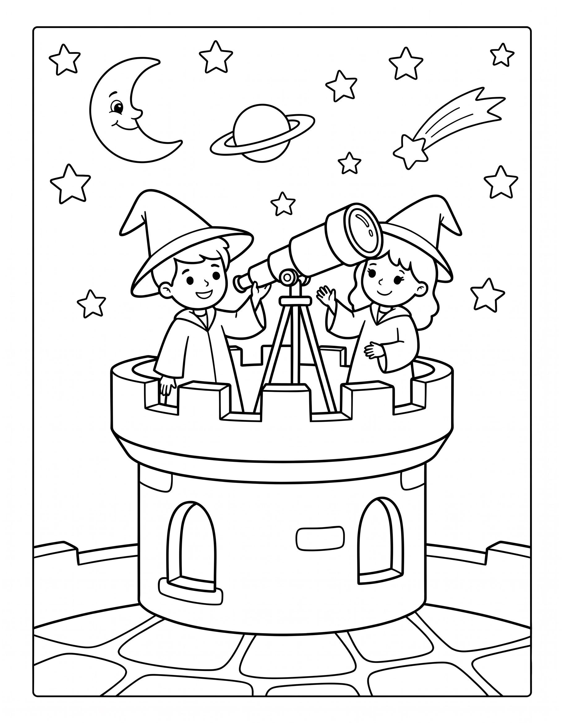 Two young wizards with a telescope on a castle tower coloring page